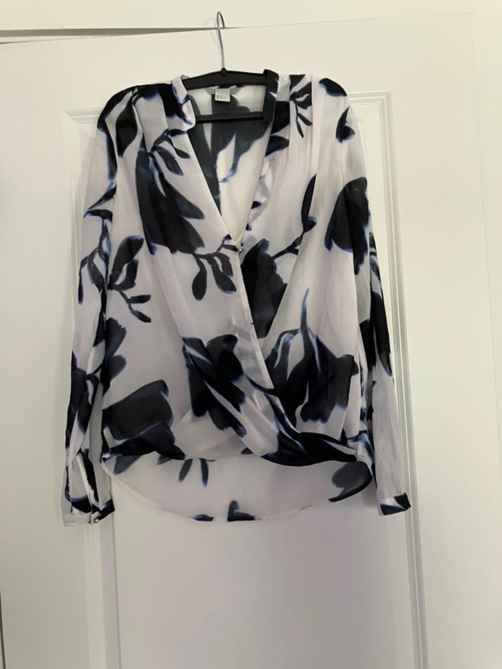 H&M Sheer Black & White Floral Wrap Blouse